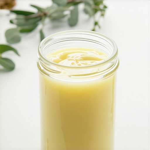 Organic grass-fed beef tallow in a glass jar, natural skincare setting