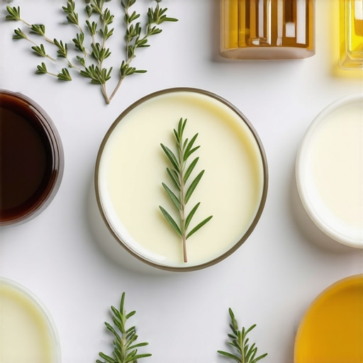 Flat lay of infused tallow skincare products with herbs and oils, emphasizing natural luxury.