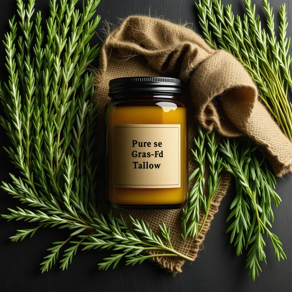 A jar of grass-fed beef tallow with pasture background, highlighting natural origins