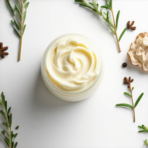 A jar of herbal-infused whipped tallow surrounded by herbs and natural ingredients