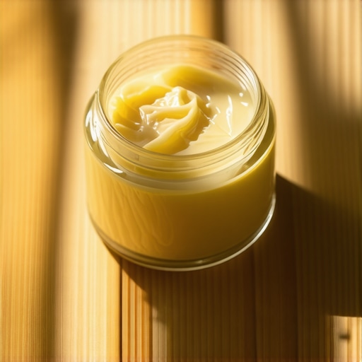 Close-up of herbal-infused whipped tallow in a glass jar with botanicals