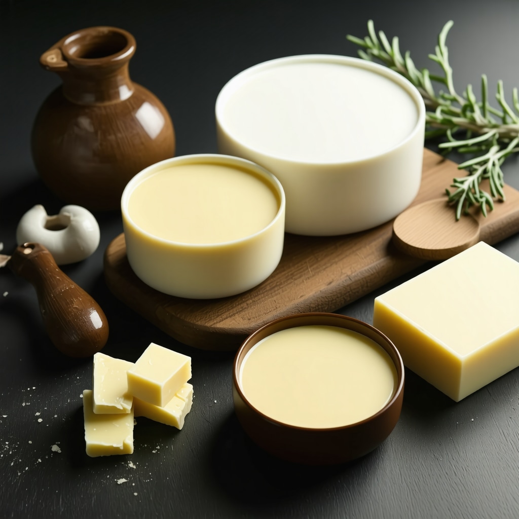 Assorted grass-fed tallow skincare products displayed on a natural wooden surface.