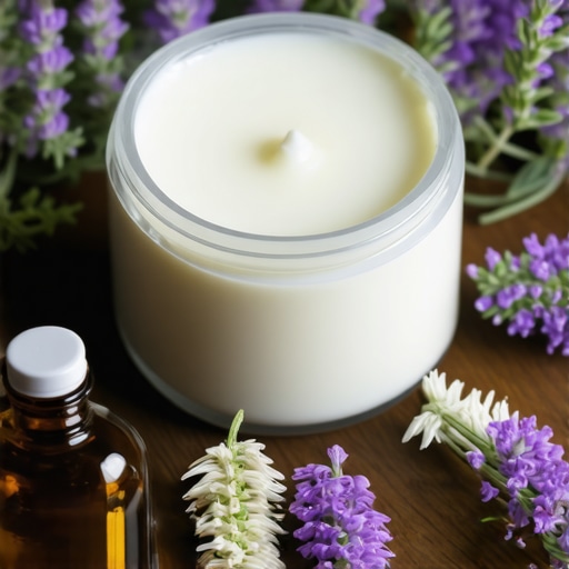 A jar of homemade organic tallow night cream with herbs and botanical ingredients