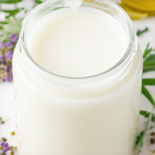 A jar of homemade tallow cream surrounded by herbs and natural ingredients