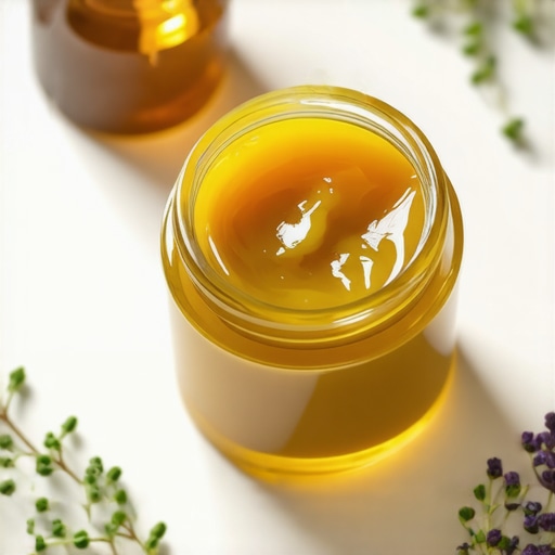 Jar of homemade vegan skincare balm with fresh herbs and oils