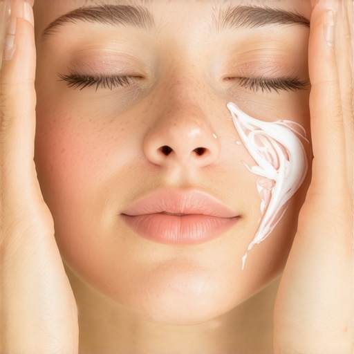 Person applying tallow-based skincare gently with mindful massage technique in a serene setting.