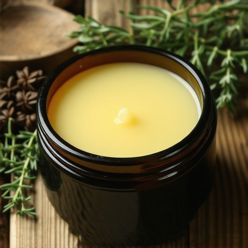 Vintage jar of beef tallow with herbs and natural ingredients