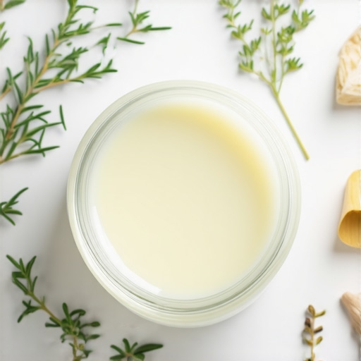 Close-up of grass-fed beef tallow in a jar with natural ingredients