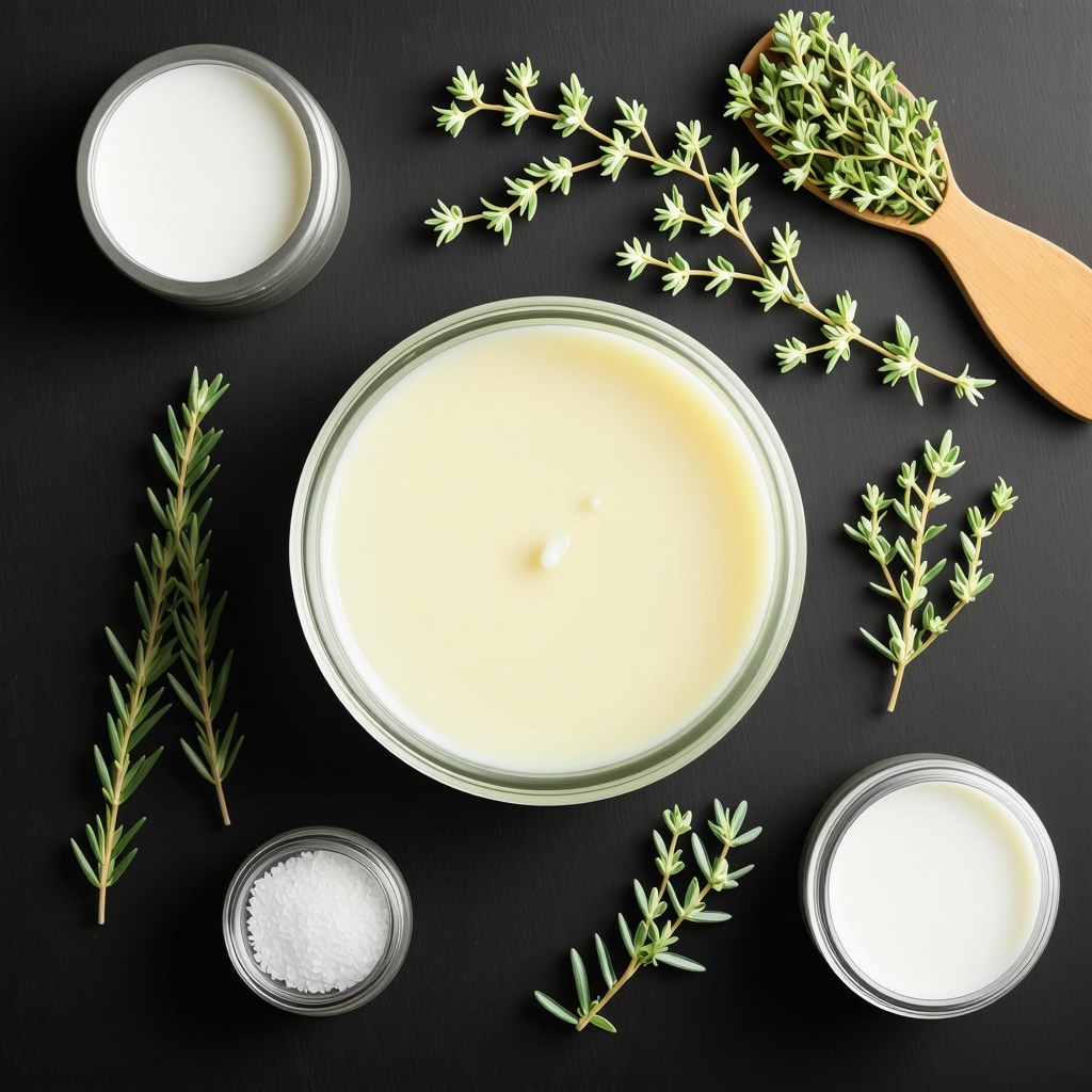 A jar of grass-fed beef tallow with herbs and skincare tools, highlighting natural healing ingredients.