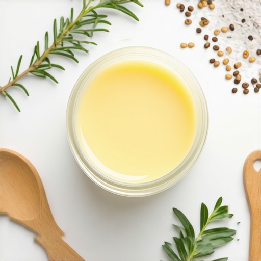 Jar of grass-fed beef tallow surrounded by herbs and skincare tools in a natural setting