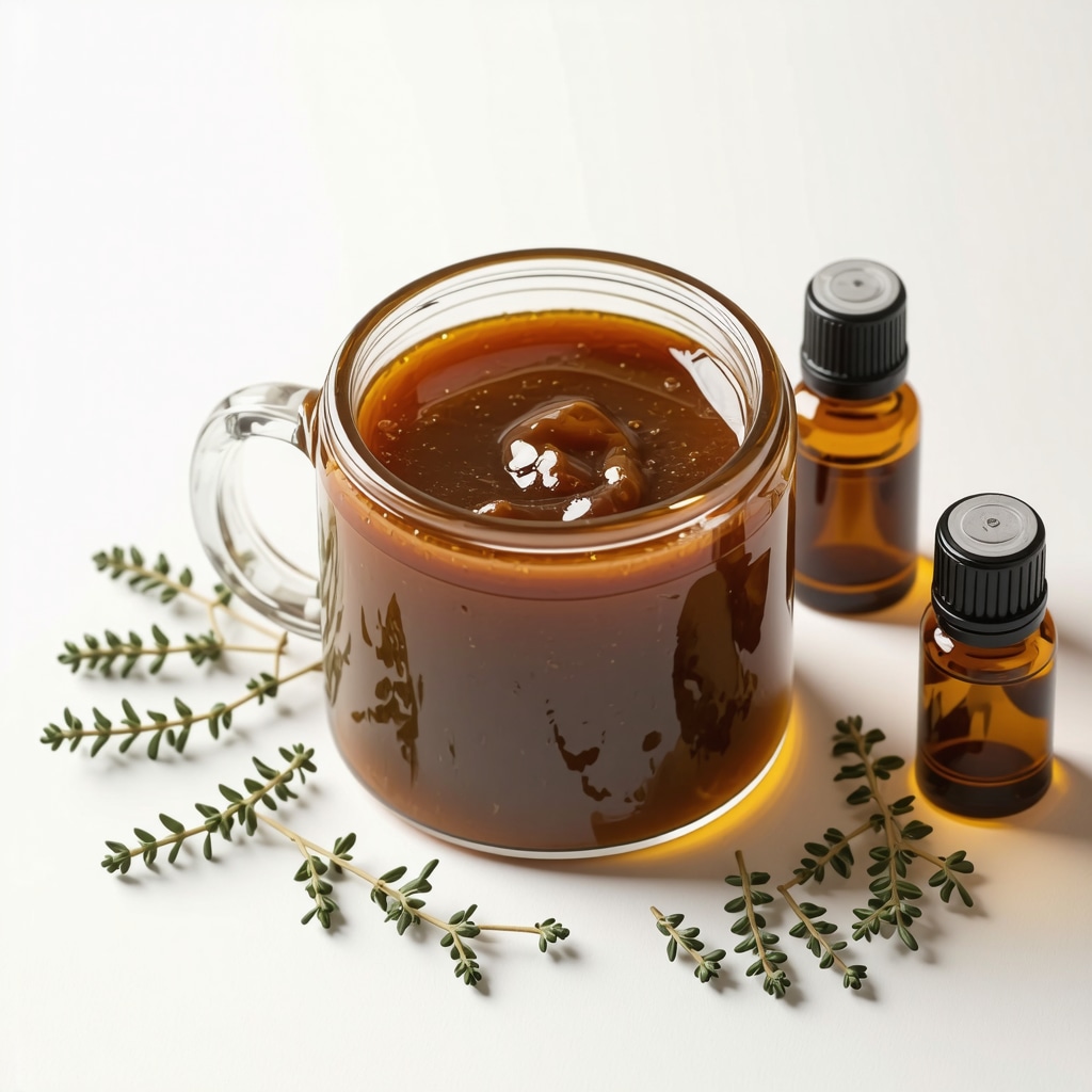 Glass jar of grass-fed beef tallow surrounded by herbs and essential oils for skincare.