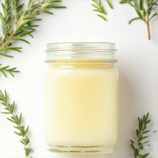 Jar of organic grass-fed tallow with herbs and natural ingredients, glowing with sunlight.