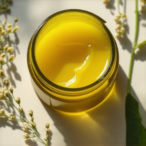 Close-up of a jar of organic tallow balm with herbs and flowers