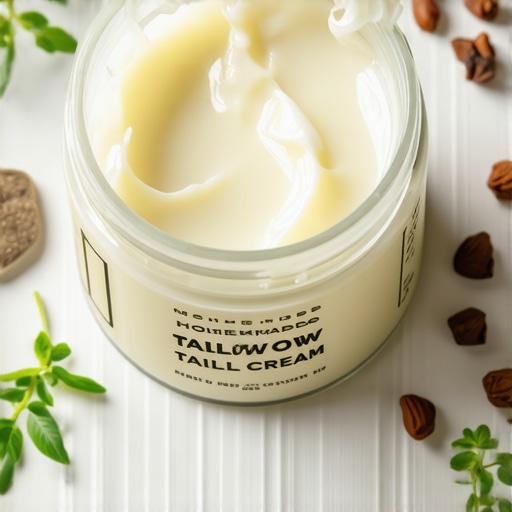 Jar of homemade tallow cream surrounded by natural botanicals and ingredients, highlighting purity and freshness.