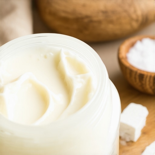 A jar of organic tallow cream surrounded by herbs and natural ingredients.