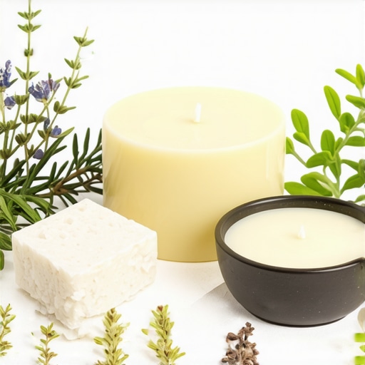 A collection of organic tallow products with herbs and plants, highlighting natural skincare
