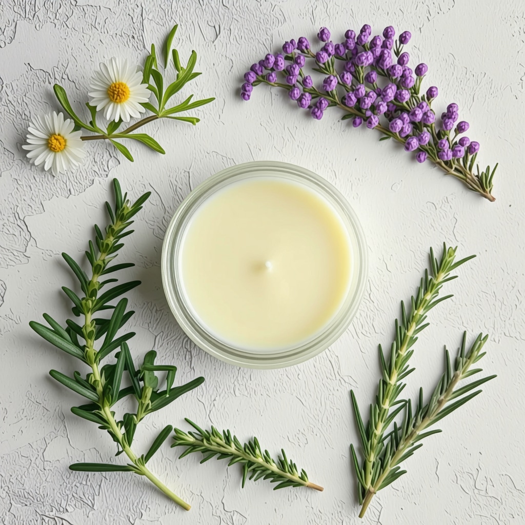 Jar of grass-fed beef tallow with herbs and flowers in natural light