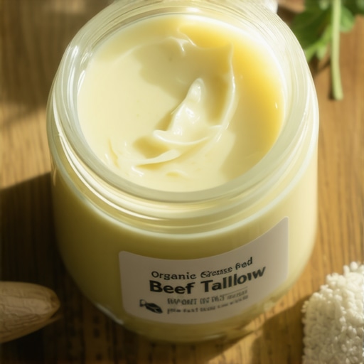 Close-up of a jar of organic grass-fed beef tallow balm with natural ingredients around it.