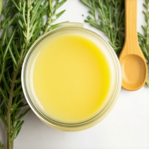 Jar of organic beef tallow with herbs in a skincare setting