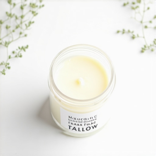Jar of organic grass-fed tallow surrounded by natural skincare ingredients in bright setting.