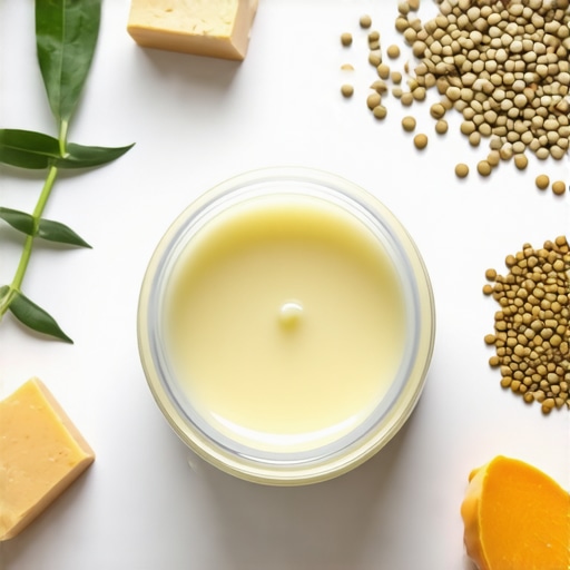 Jar of organic grass-fed tallow surrounded by natural ingredients, highlighting purity and eco-friendliness.
