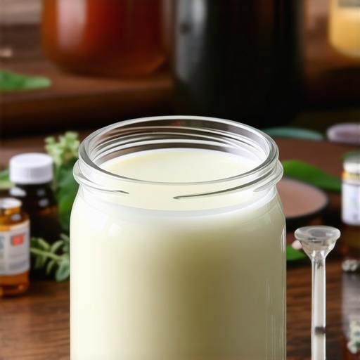 Jar of organic grass-fed beef tallow infused with herbs and essential oils on a rustic wooden surface.