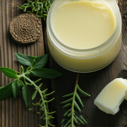 Close-up of a jar of organic tallow with herbs and natural ingredients on wooden table