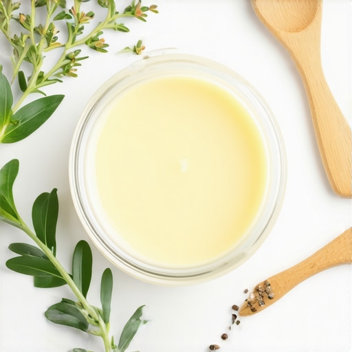 A jar of organic grass-fed tallow surrounded by fresh herbs and skincare tools