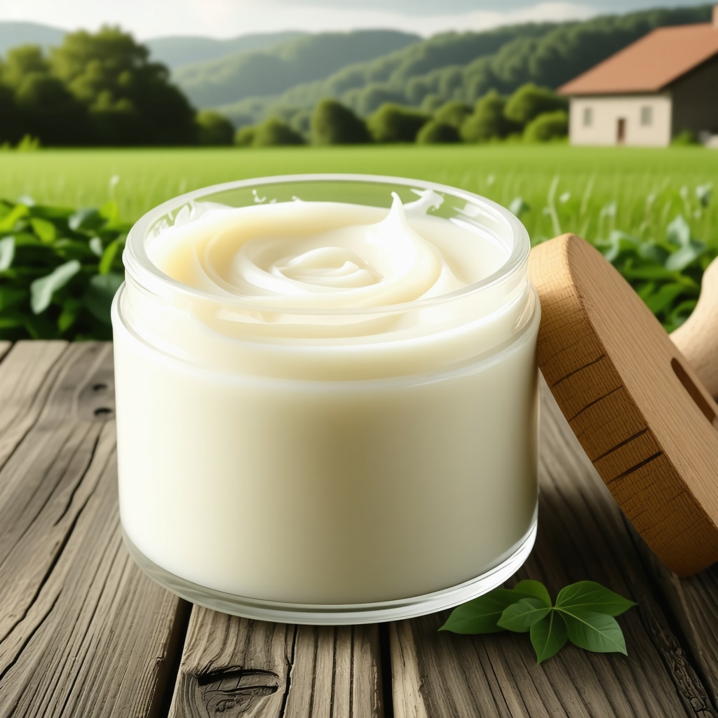 Jar of organic grass-fed tallow cream with farm background showing purity and quality.