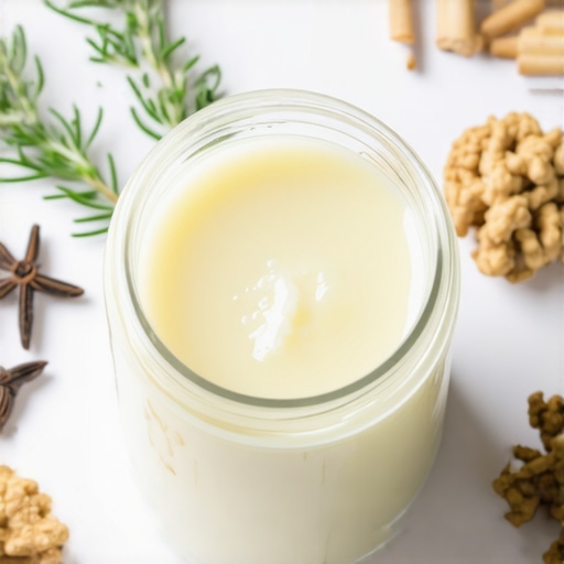 Close-up of organic grass-fed tallow surrounded by herbs and frankincense for skin healing