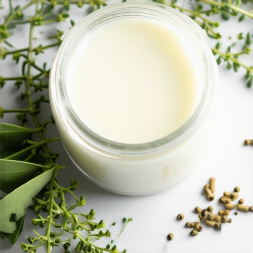 Close-up of organic beef tallow in a jar, with herbs, emphasizing natural skincare