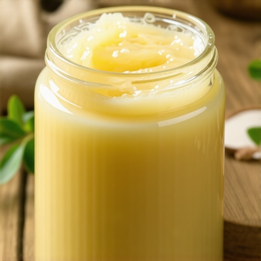 Close-up image of organic tallow jar with natural ingredients background.