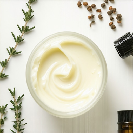 Jar of whipped organic tallow surrounded by herbs and natural ingredients