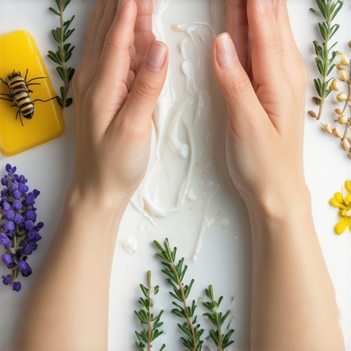 Hands applying whipped tallow cream surrounded by herbs and beeswax