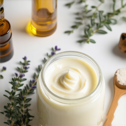Jar of whipped tallow infused with herbs and oils for skincare