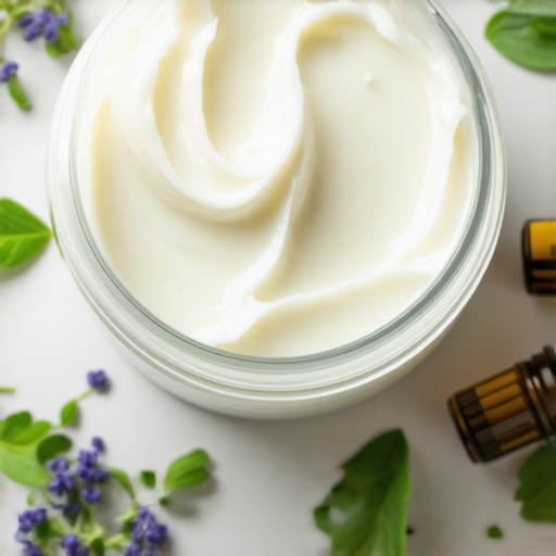 Jar of whipped organic tallow with essential oils on a wooden surface