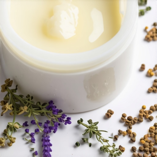 Close-up of a jar of natural grass-fed tallow balm with herbs and oils, emphasizing purity and skincare benefits.