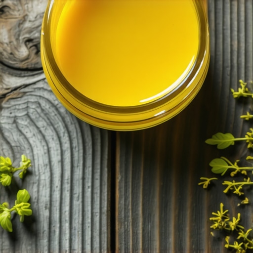Close-up of herbal-infused tallow balm with natural herbs and oils on a rustic wooden surface