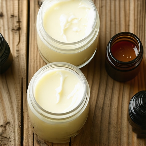 Collection of essential oils and whipped tallow cream on wooden background