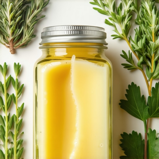 Jar of organic grass-fed beef tallow surrounded by herbs and natural ingredients