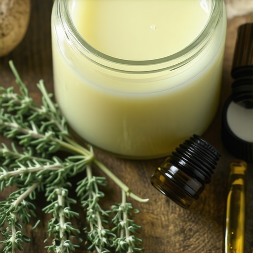 Jar of grass-fed beef tallow with herbs and oils for skincare.