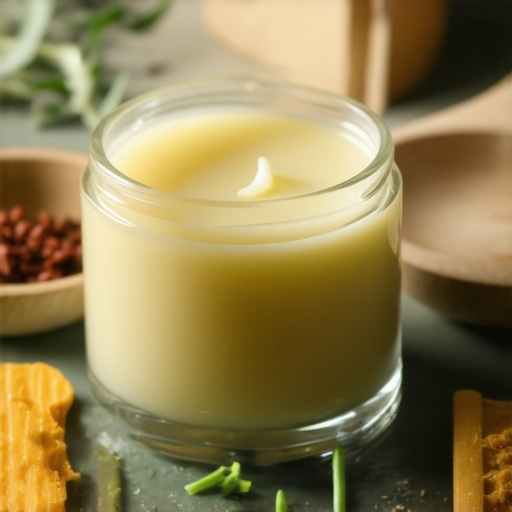 A jar of organic grass-fed beef tallow surrounded by natural herbs and oils, illustrating its use in skin repair.