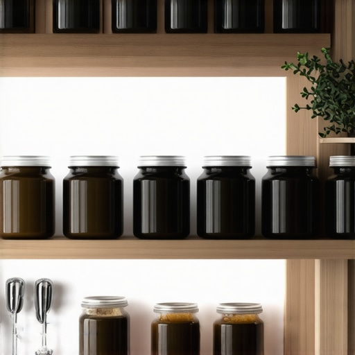 Dark glass jars filled with tallow on a kitchen shelf, emphasizing proper storage and freshness.