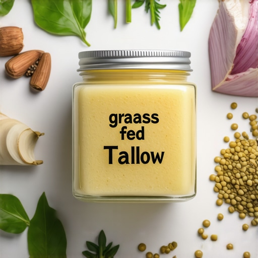 Jar of organic grass-fed tallow with fresh herbs and natural ingredients