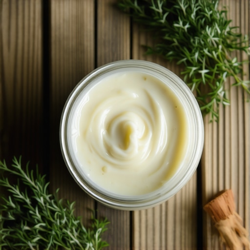 Rustic jar of whipped grass-fed beef tallow with herbs and essential oils on a wooden surface.