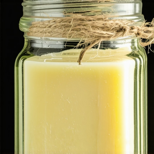 Fresh Organic Grass-Fed Beef Tallow Close-up of organic grass-fed beef tallow in a jar with natural lighting.