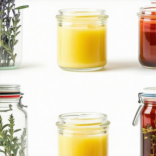 Natural grass-fed beef tallow in jar with herbs for skin