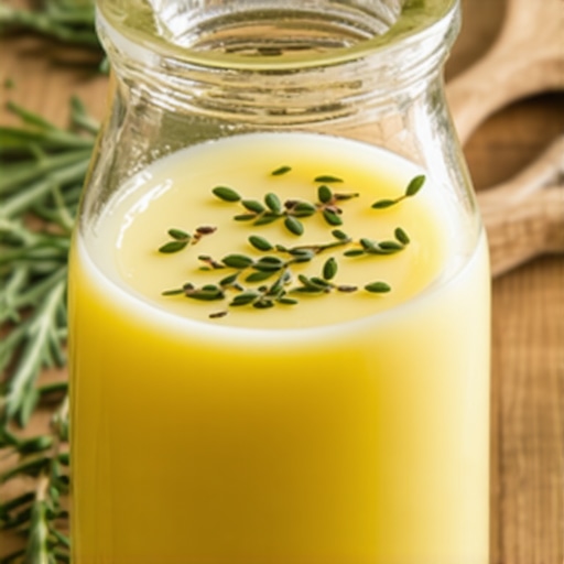 Close-up of herbal-infused grass-fed beef tallow in a jar with natural lighting