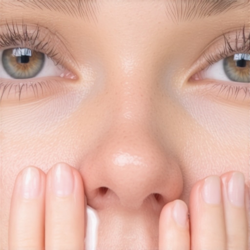 Applying Organic Beef Tallow for Skin Repair Person applying melted beef tallow to face with upward strokes for skin healing.