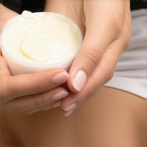 Hands applying melted tallow body butter to dry skin in natural light